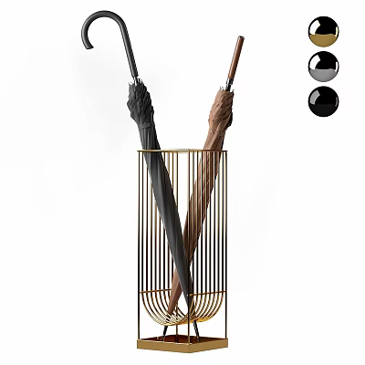 Modern Wall Decor With Gold Metal Umbrella Stand And Black Round Ornaments 3d model