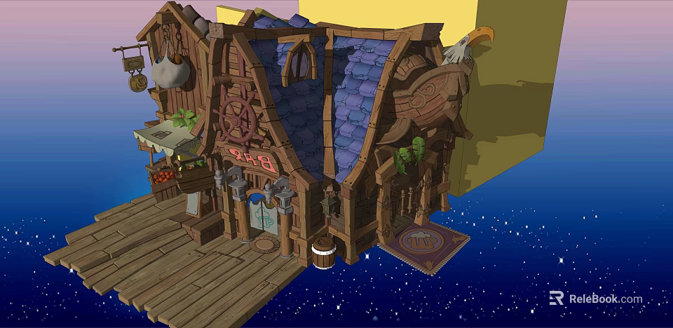 Fantasy Wooden Building With Blue Tile Roof Ship Figurehead And Starry Sky 3d model 