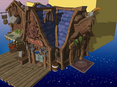 Fantasy Wooden Building With Blue Tile Roof Ship Figurehead And Starry Sky 3d model