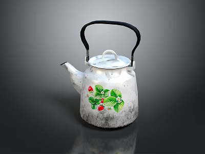 Decorative Vintage White Kettle With Red Berries And Green Leaves Pattern And Black Handle 3d model