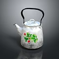 Decorative Vintage White Kettle With Red Berries And Green Leaves Pattern And Black Handle