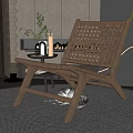 Modern Woven Leisure Chair With Wooden Frame On Round Rug Near Fireplace And Green Plant