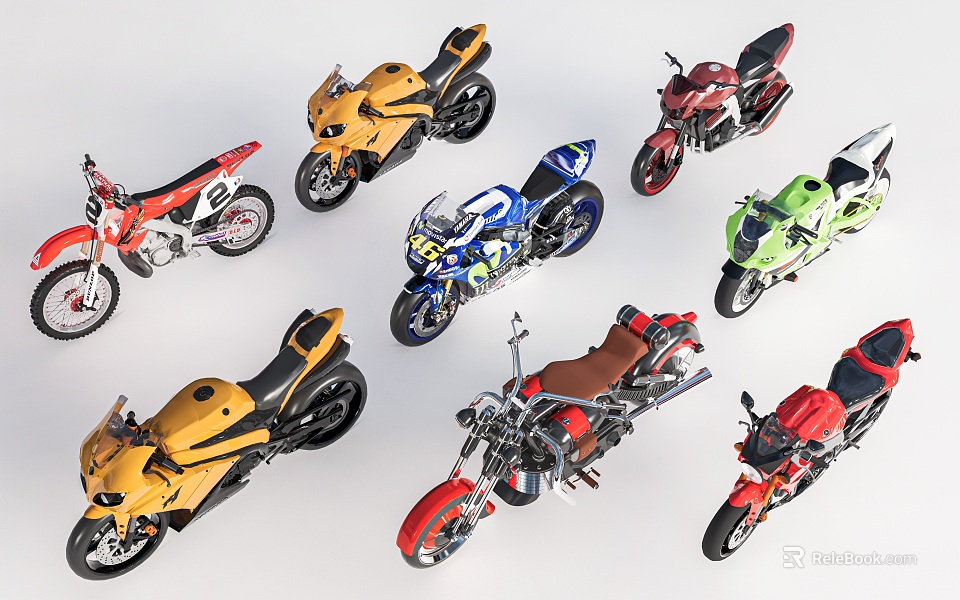Various Colorful Motorcycles With Different Styles Including Sport Cruiser And Off Road Models 3d model 