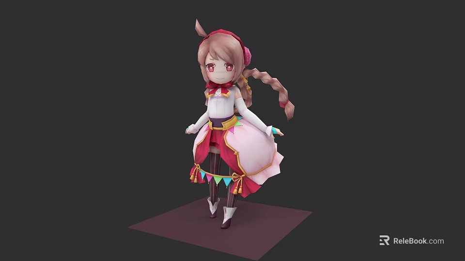 Cartoon Woman With Pink Braided Ponytail White Top And Decorative Skirt Standing On Purple Base 3d model 