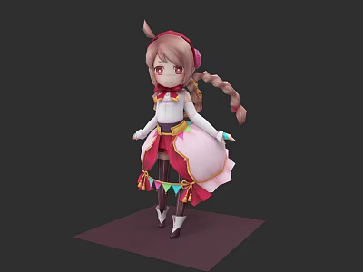 Cartoon Woman With Pink Braided Ponytail White Top And Decorative Skirt Standing On Purple Base 3d model