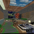 Serene Hotel Guest Room with Skylight Wooden Structure Green Plants Stone Path and Water Feature