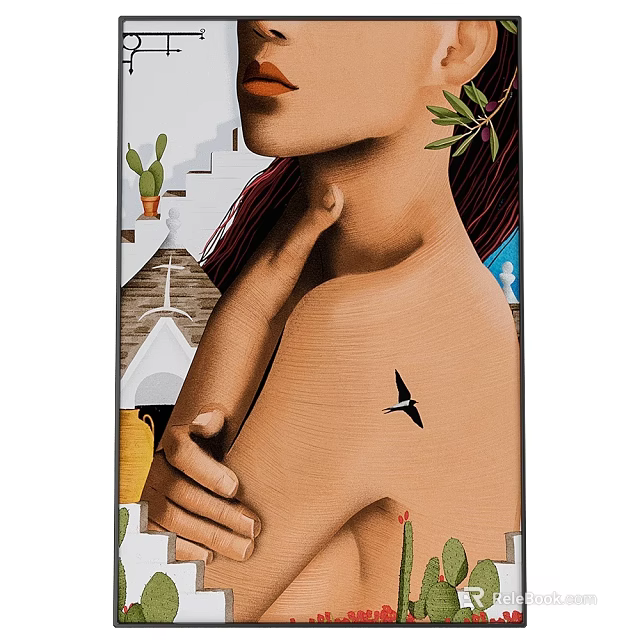 Artistic Portrait Painting of Woman with Green Leaves Cactus Bird and Staircase 3d model 
