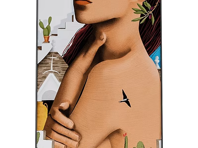Artistic Portrait Painting of Woman with Green Leaves Cactus Bird and Staircase 3d model