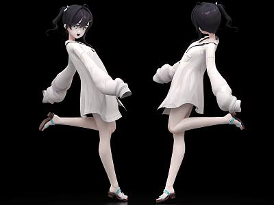Game and Movie Character Posing with Twin Ponytails White Dress and Green Sandals 3d model