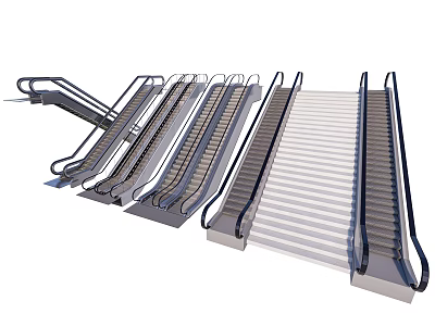 Modern Commercial Escalators With Metal Handrails And Step Design In Parallel 3d model