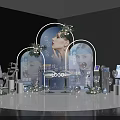 Modern Commercial Equipment Display With Illuminated Arches Brand Logos And Decorative Elements