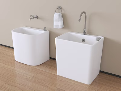 Modern Bathroom Accessories Including White Square Washbasins Faucet Towel Rack And Towel 3d model