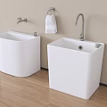 Modern Bathroom Accessories Including White Square Washbasins Faucet Towel Rack And Towel