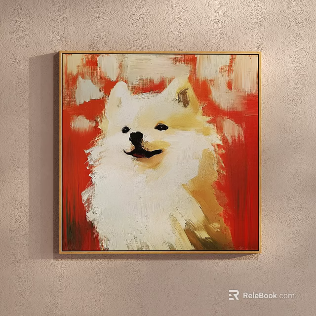 Animal Painting Of Fluffy White Dog With Red Background And Golden Frame 3d model 
