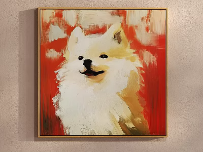 Animal Painting Of Fluffy White Dog With Red Background And Golden Frame 3d model