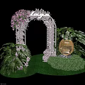 Elegant Event Entrance Arch Decorated with Pink Flowers White Frame and Green Plants