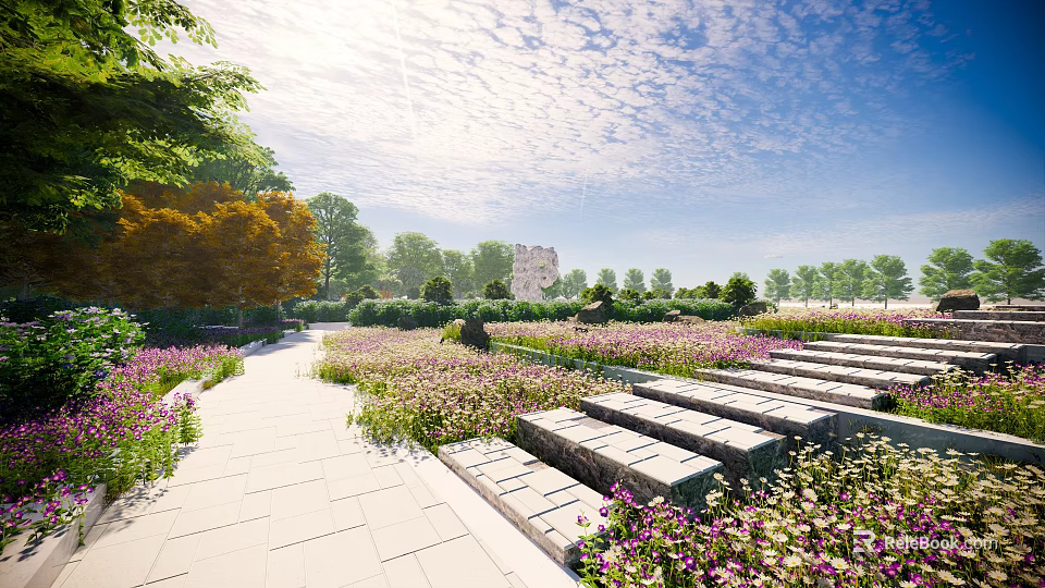 Scenic Park Landscape with Sunny Sky White Clouds Green Trees Stone Steps and Colorful Flowers 3d model 