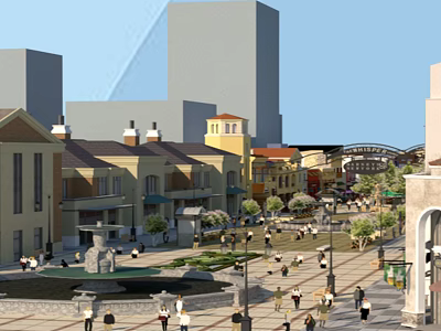 Bustling Commercial Street With Colorful Shop Buildings Pedestrian Area Central Fountain And Trees 3d model