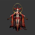 Game and Movie Character in Red Outfit With Elaborate Headdress and Flowing Sleeves