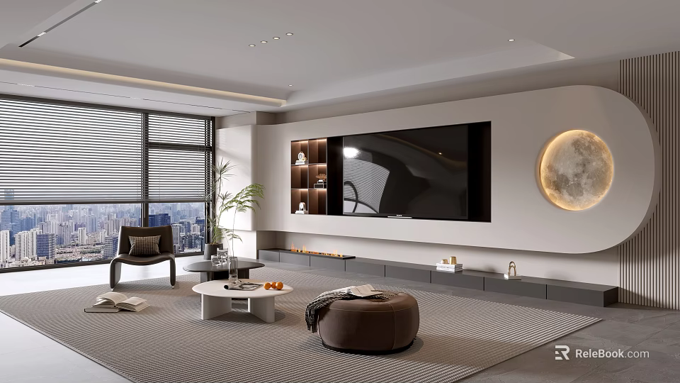 Modern Living Room With Large Windows City View TV Wall Round Decor Bookshelf And Ottoman 3d model 