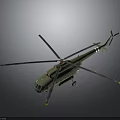 Green Military Helicopter 3D Model With Blue Rotors On Dark Background
