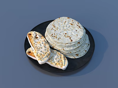 Traditional Freshly Baked Stacked Flatbread with Toasted Pieces on Black Plate 3d model
