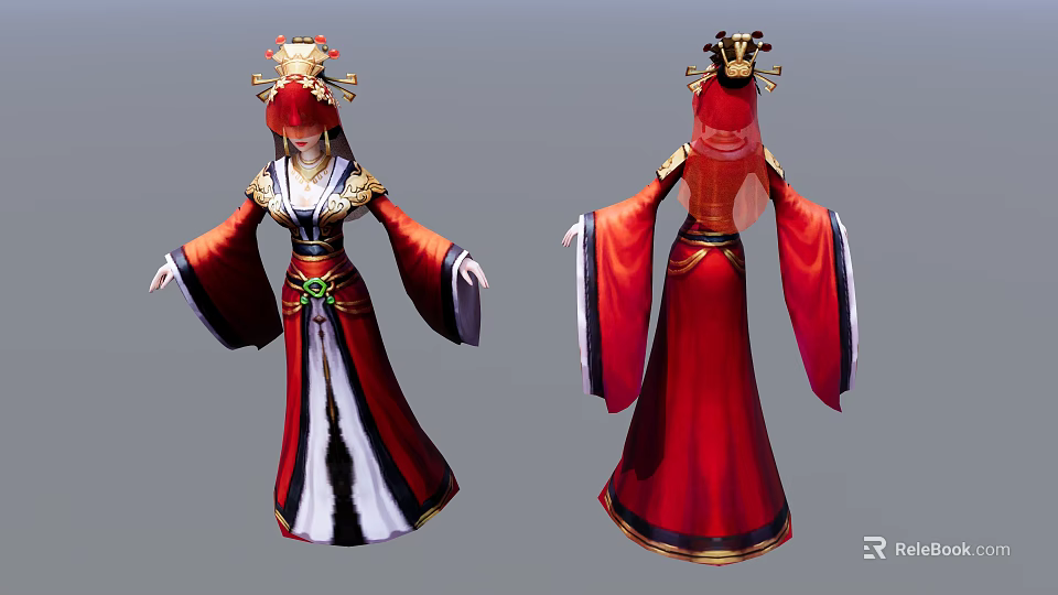Game and Movie Character In Traditional Red Costume With Golden Ornaments And Elaborate Headdress 3d model 