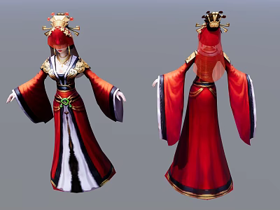 Game and Movie Character In Traditional Red Costume With Golden Ornaments And Elaborate Headdress 3d model
