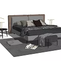 Modern Double Bed with Gray Bedding Maroon Pillows Bedside Tables Stool and Area Rug