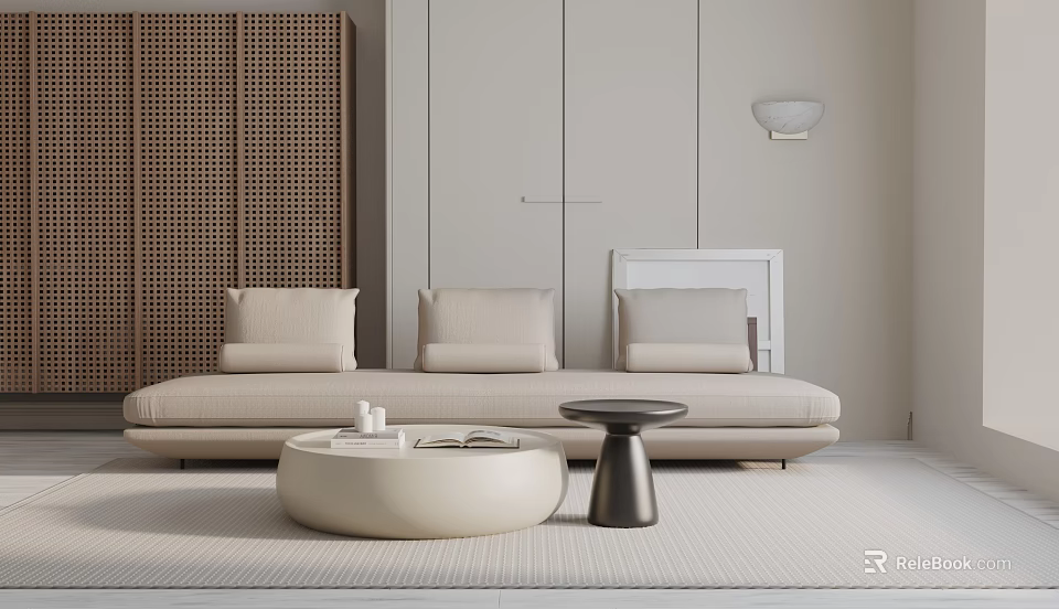 Modern Beige Three Seater Sofa with Cushions on Beige Rug and Round Coffee Table 3d model 