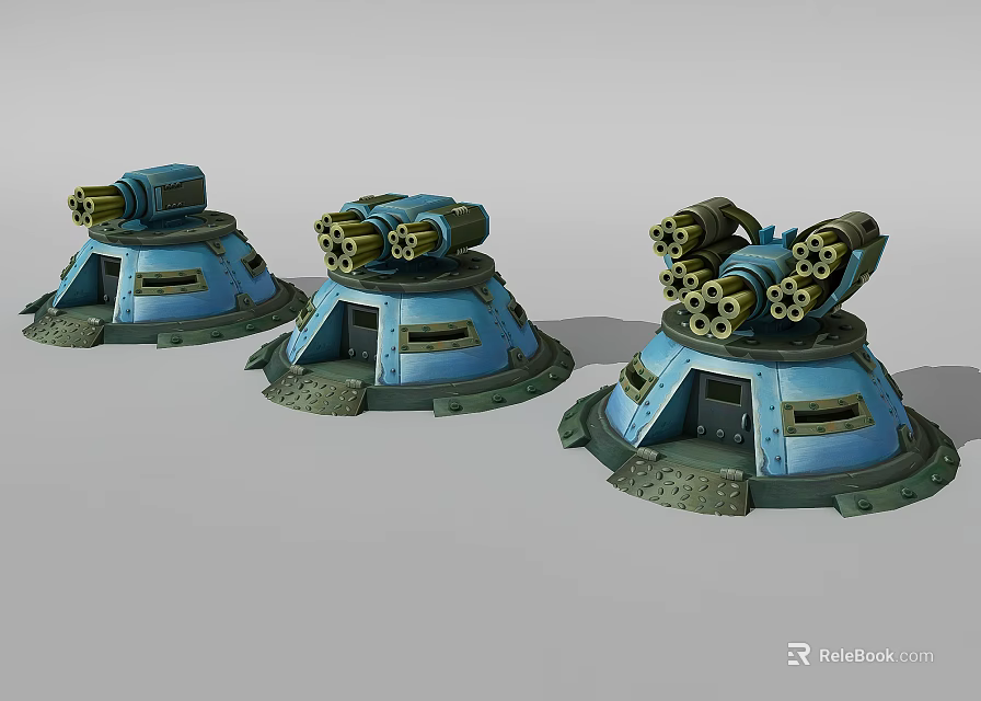Three Blue Defensive Weapon Turrets With Multiple Barrels And Base Details 3d model 