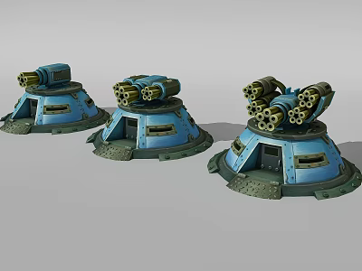 Three Blue Defensive Weapon Turrets With Multiple Barrels And Base Details 3d model