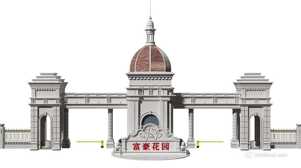 Classical Style Entrance Gate with Red Dome and Columns for Luxury Garden Estate 3d model 