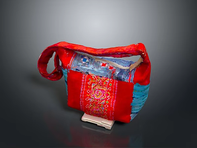Red And Blue Embroidered Fabric Bag With Traditional Ethnic Design Details 3d model