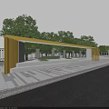 Yellow Modern Canopy with Columns Surrounded by Green Trees and Paved Ground