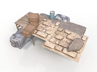 Rustic Sculpture Carving Setup With Wooden Tables Stone Bricks Large Rocks And Metal Bucket 3d model