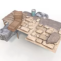 Rustic Sculpture Carving Setup With Wooden Tables Stone Bricks Large Rocks And Metal Bucket