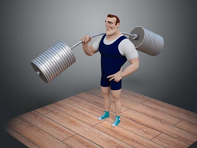 Muscular Cartoon Male Character Lifting Heavy Barbell On Wooden Floor With Gray Background 3d model