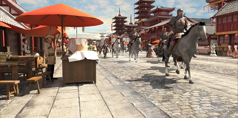 Ancient Chinese Commercial Street with Orange Umbrellas Stalls and Soldiers on Horseback 3d model 