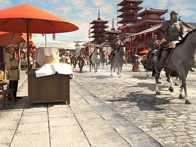 Ancient Chinese Commercial Street with Orange Umbrellas Stalls and Soldiers on Horseback 3d model