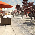 Ancient Chinese Commercial Street with Orange Umbrellas Stalls and Soldiers on Horseback