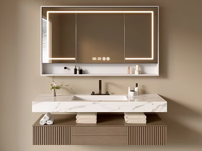 Sleek Modern Bathroom Cabinet with LED Mirror Marble Countertop and Storage Shelves for Organizing Toiletries 3d model