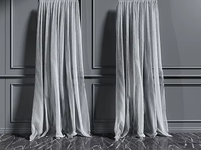 Gray Flowing Curtains With Soft Drape Against Gray Wall And Marble Floor 3d model