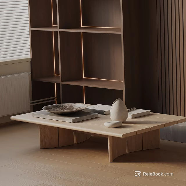 Modern Wooden Sofa Coffee Table Set With Books Vase Plate And Lit Bookshelf 3d model 