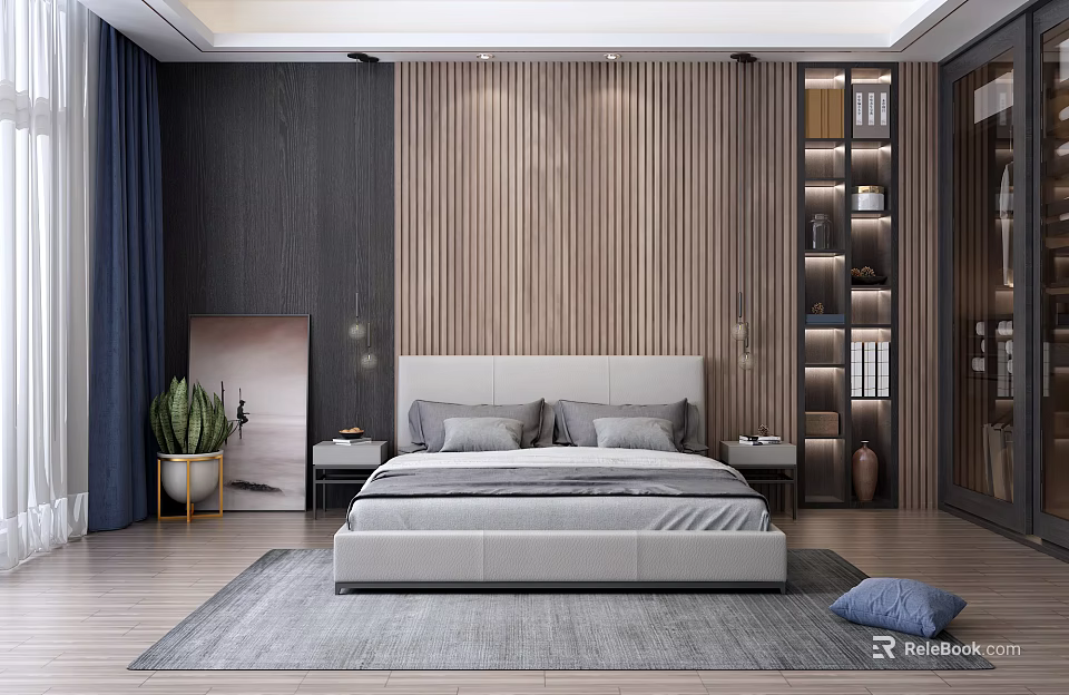Modern Bedroom Interior Design With Wooden Striped Wall Navy Curtains Green Plant And Lit Bookshelf 3d model 