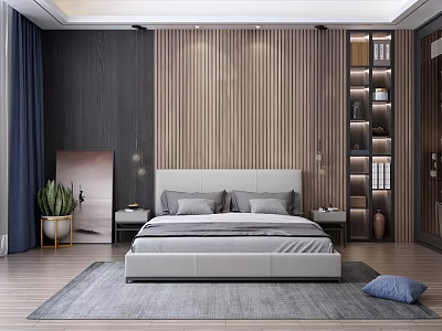 Modern Bedroom Interior Design With Wooden Striped Wall Navy Curtains Green Plant And Lit Bookshelf 3d model