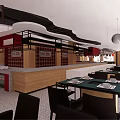 Modern Restaurant Interior With Red Decor Round Pendant Lights Long Bar Counter Tables And Chairs