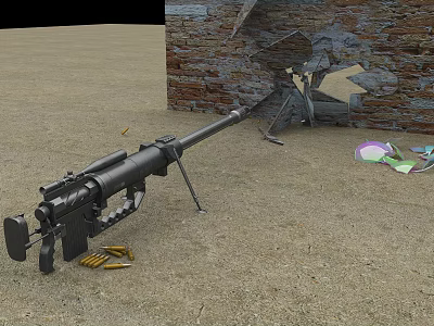Black Machine Gun Placed on Sandy Ground with Bullets Near Broken Brick Wall and Debris 3d model