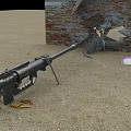 Black Machine Gun Placed on Sandy Ground with Bullets Near Broken Brick Wall and Debris