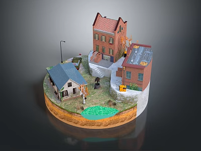 Modern Scene Miniature Architectural Model With Red Brick Buildings Blue Roof Pond And Street Lamp 3d model